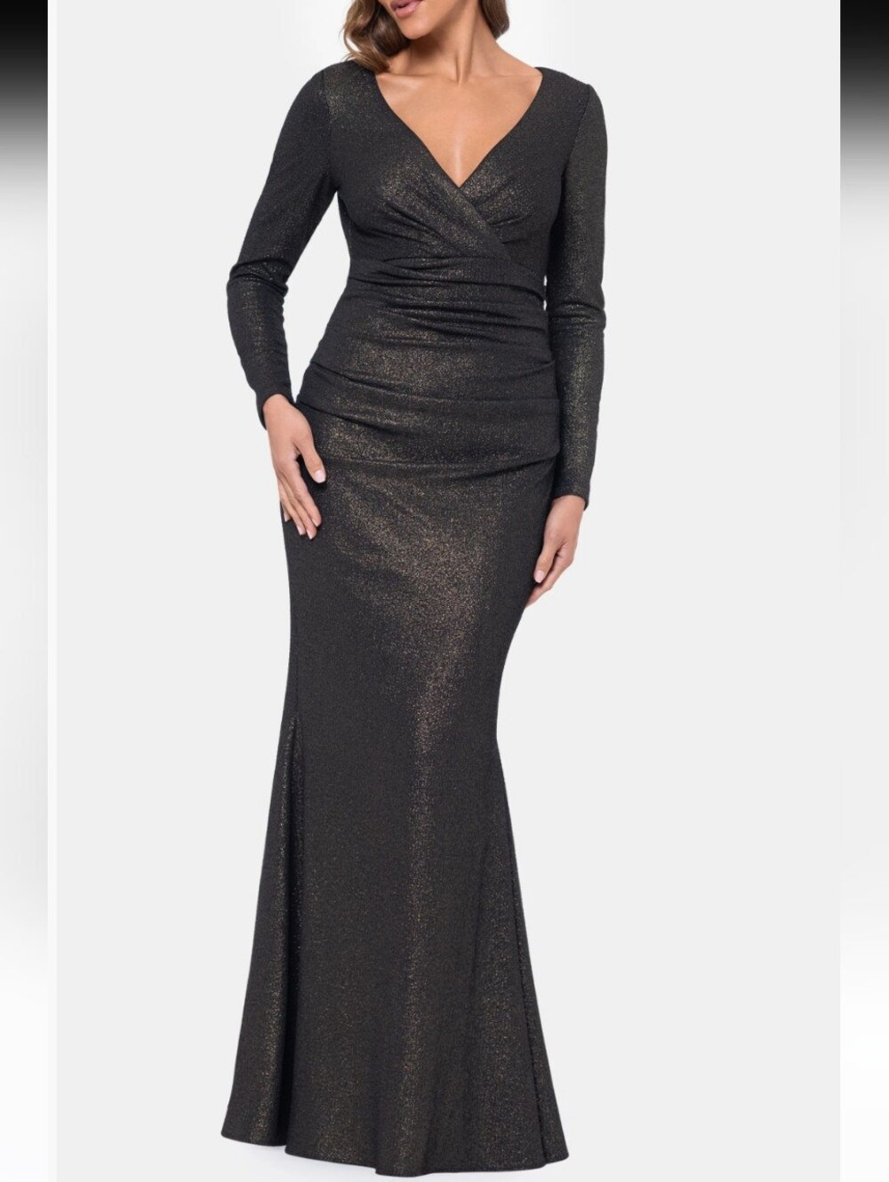 Xscape Long Sleeve Metallic Ruched Gown